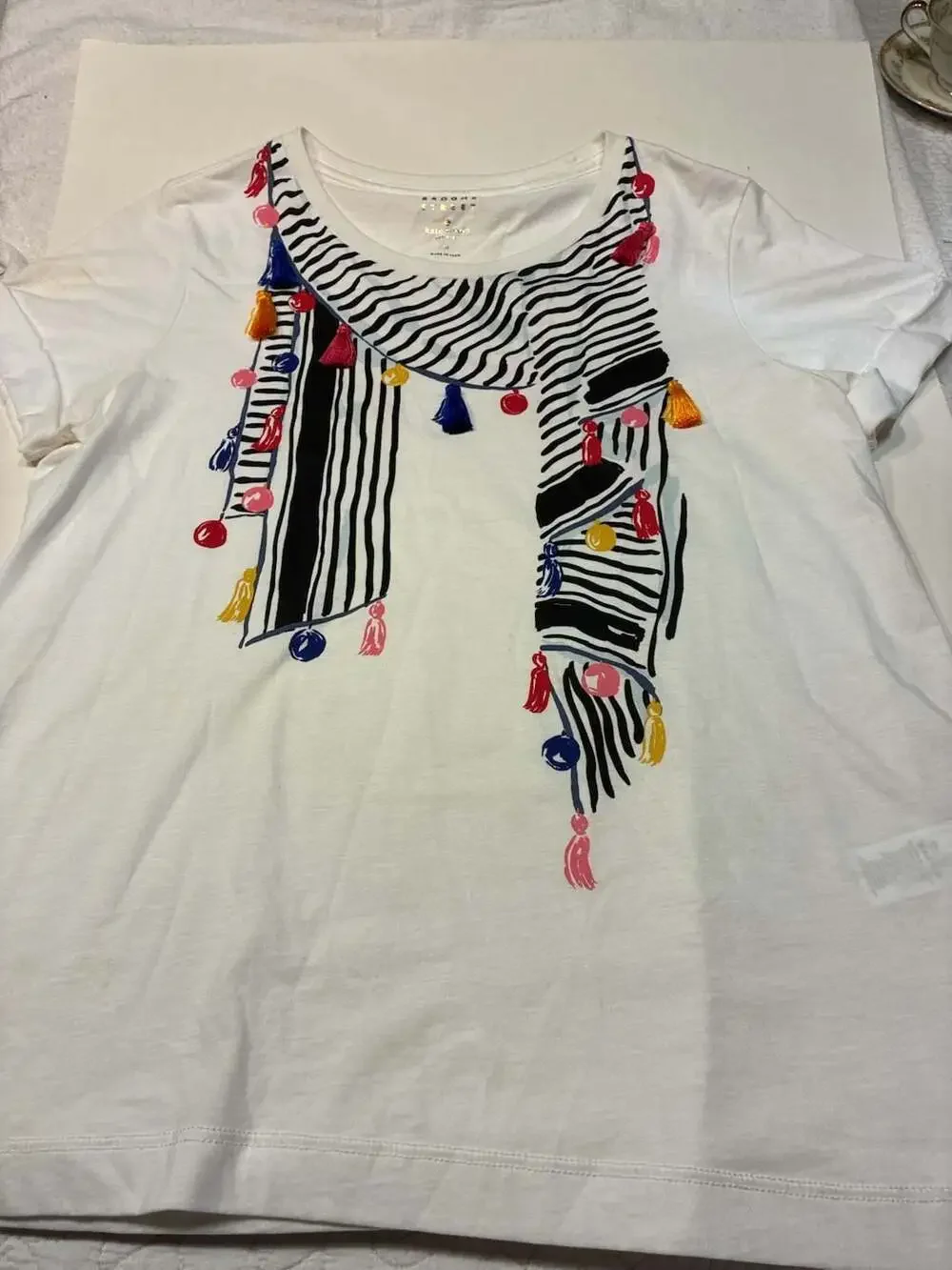 Kate Spade Broome Street T-Shirt with Scarf Print and Tassel Embellishments